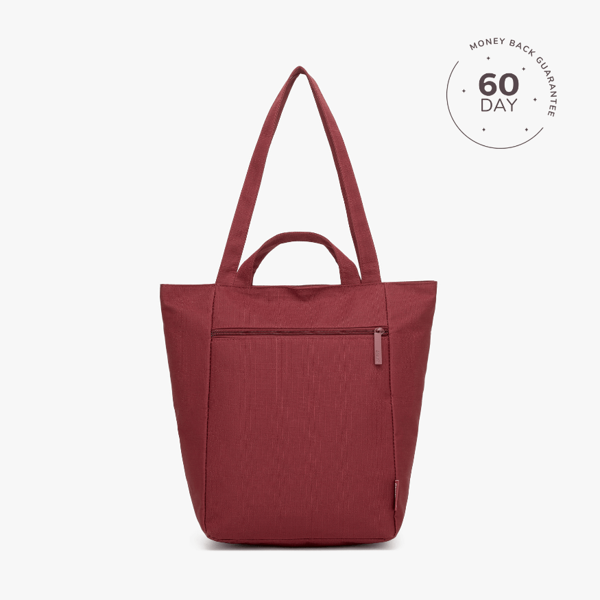 Red tote bag on a white background with a '60 Day Money Back Guarantee' badge.