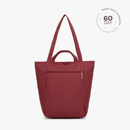Red tote bag on a white background with a '60 Day Money Back Guarantee' badge.