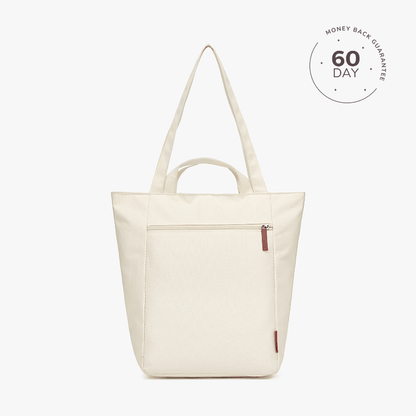 Beige tote bag with a zipper on a white background