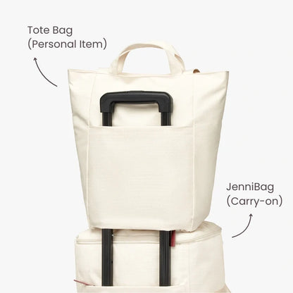 Stack of two tote bags with labels on a plain background