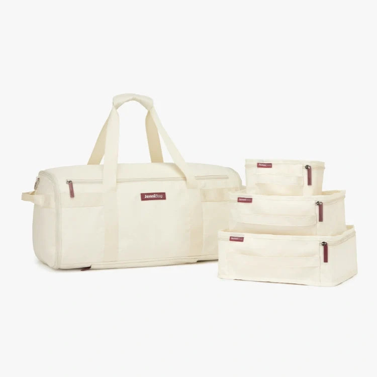 Set of cream-colored bags and containers on a white background